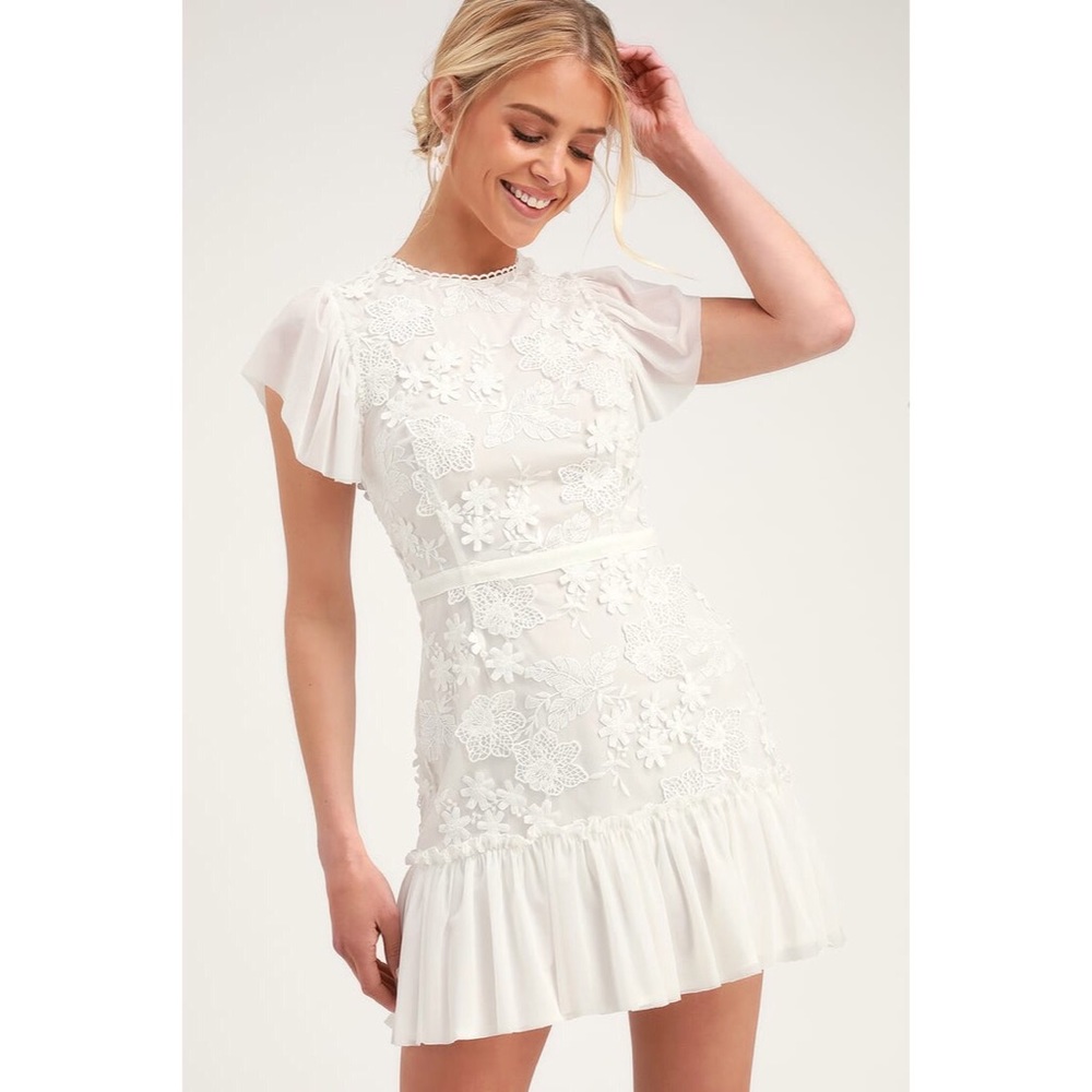 White Floral Lace Mini Dress with Ruffle Hem